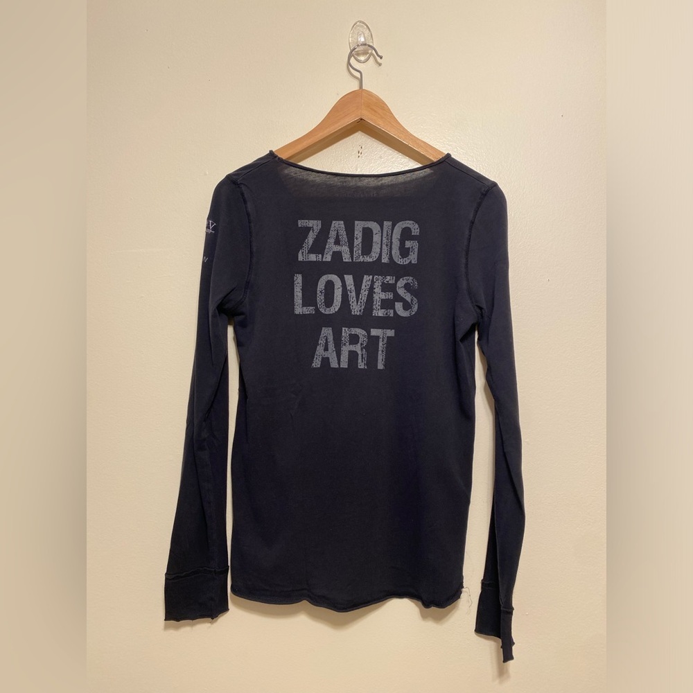 Zadig & Voltaire ZADIG LOVES ART Black V-Neck Long Sleeve Tee. Size M